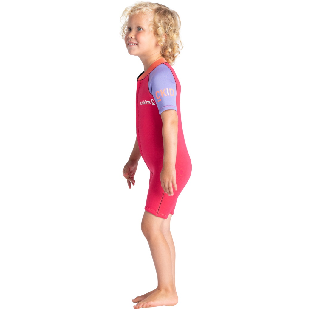2025 C-Skins Junior C-KID 3/2mm Front Zip Shorty Fato De Mergulho C-BA32SH - Coral / Lilás